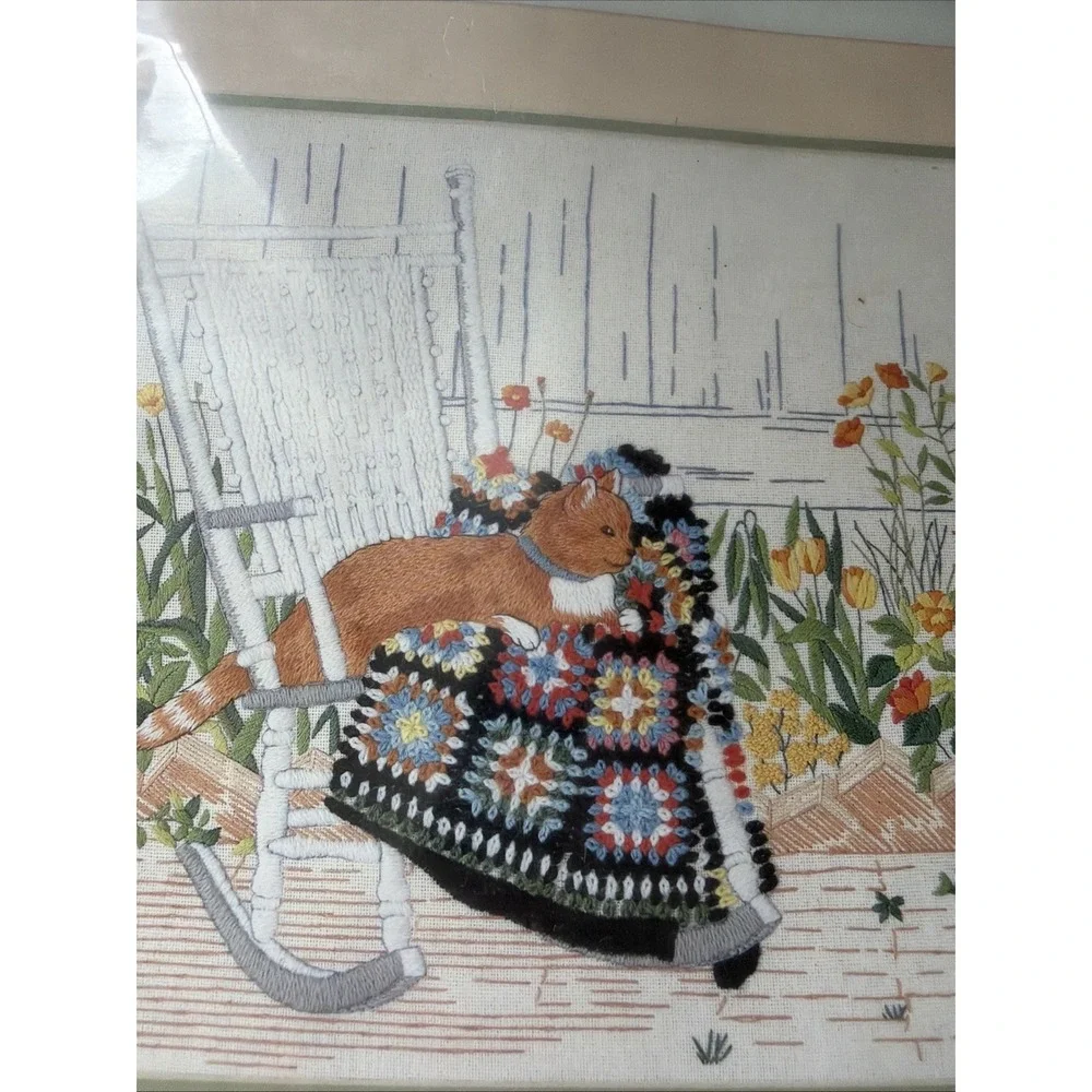 VTG Sunset Crewel Embroider Kit 11059 Cat Kitty In Granny's Rocker Afghan Quilt